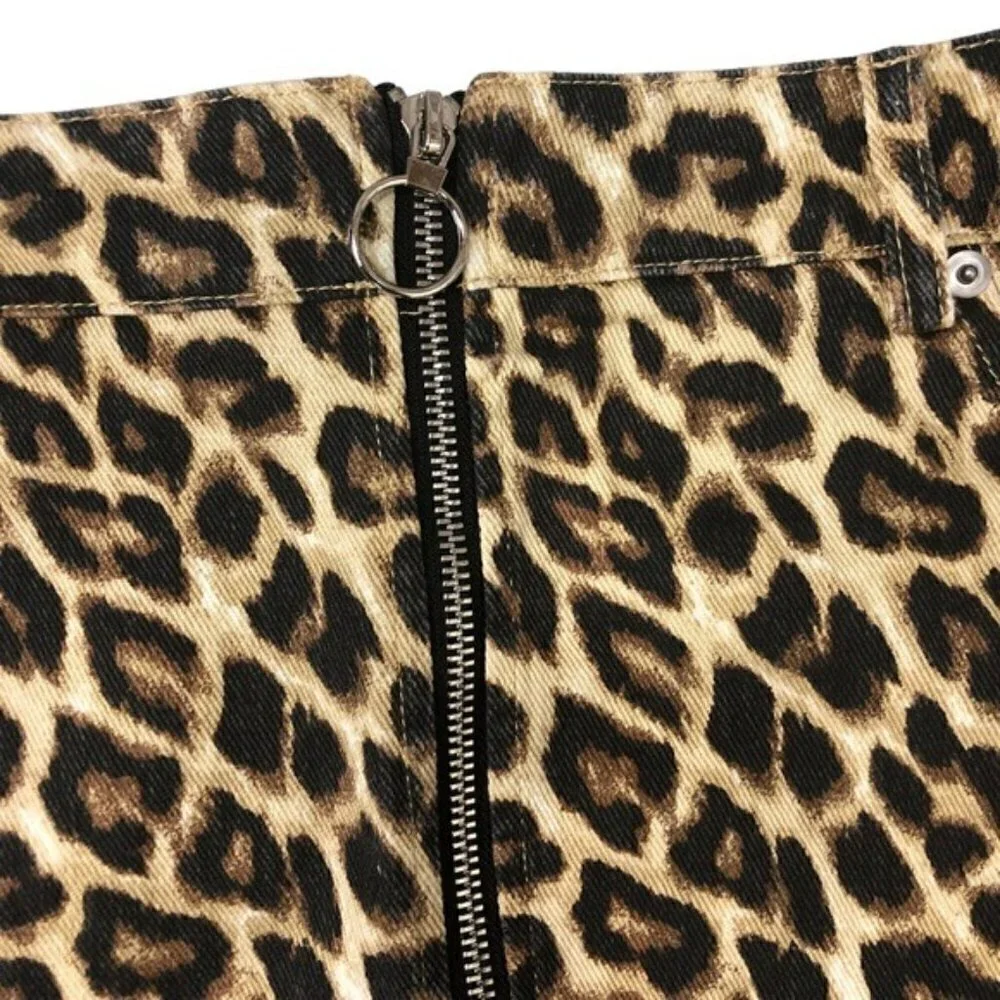 Forever 21 Leopard Zip Front Mini Skirt Sz M Casual Moto Denim Grunge Gothic